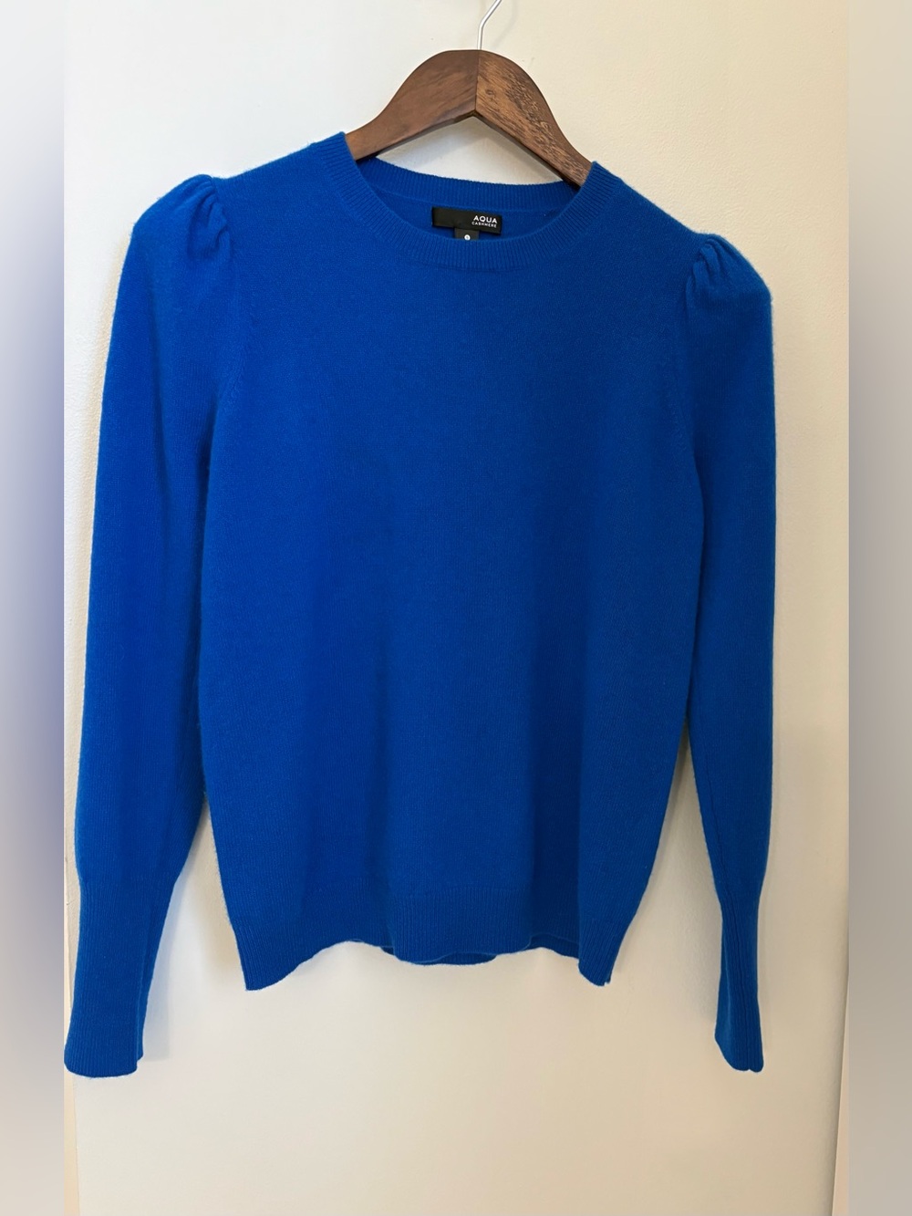 Aqua 100% Cashmere Blue Puff Sleeve Padded Shoulder Crewneck Sweater Size: S